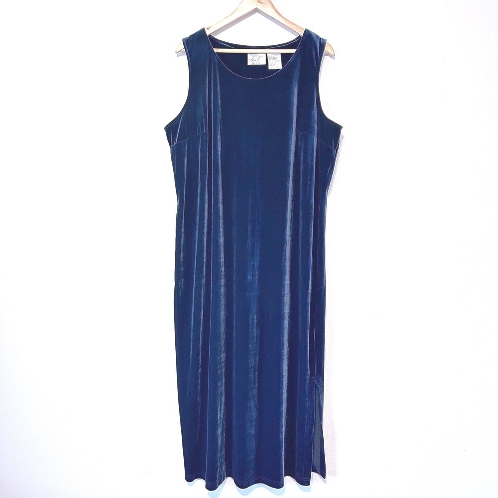Kathie Lee Woman Vintage Elegant Navy Blue Velvet Sleeveless Midi Dress Size 16W